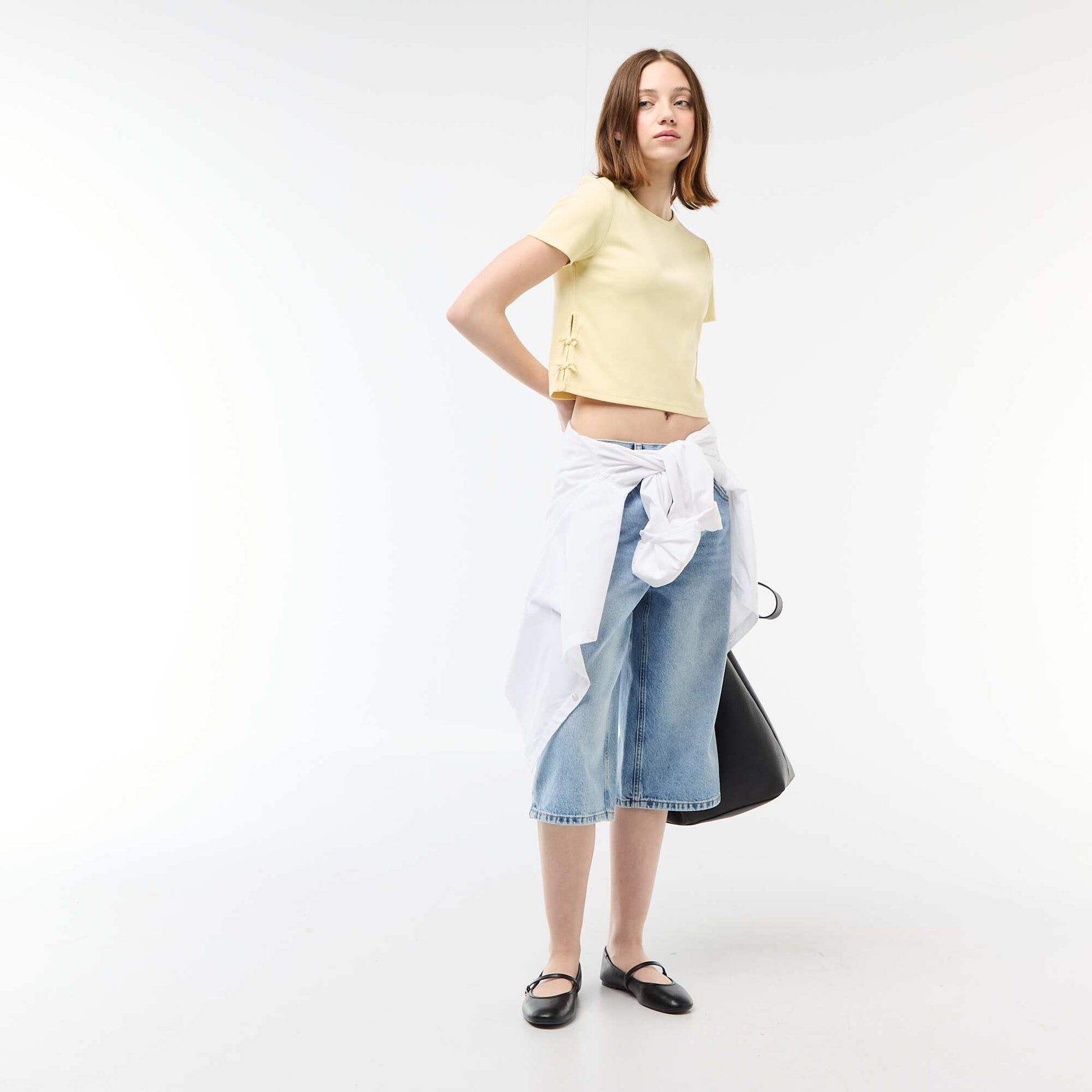 Ribbed Cropped T-shirt with Knots YELLOW
