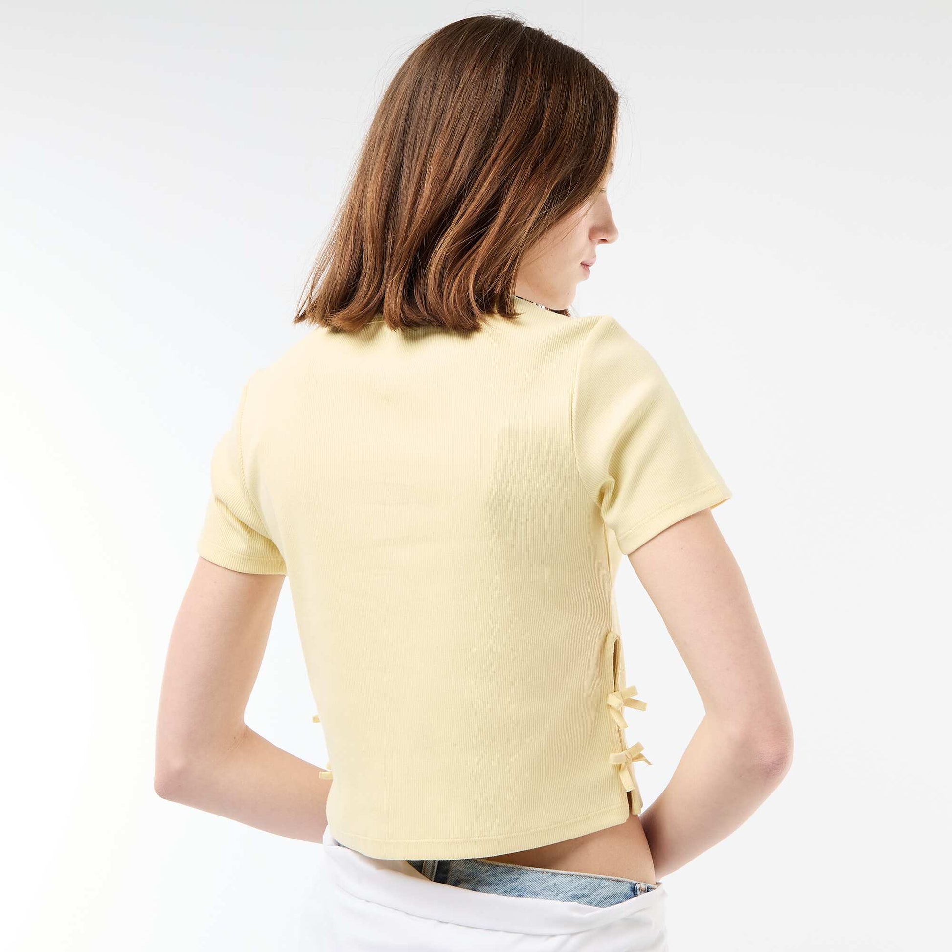Ribbed Cropped T-shirt with Knots YELLOW