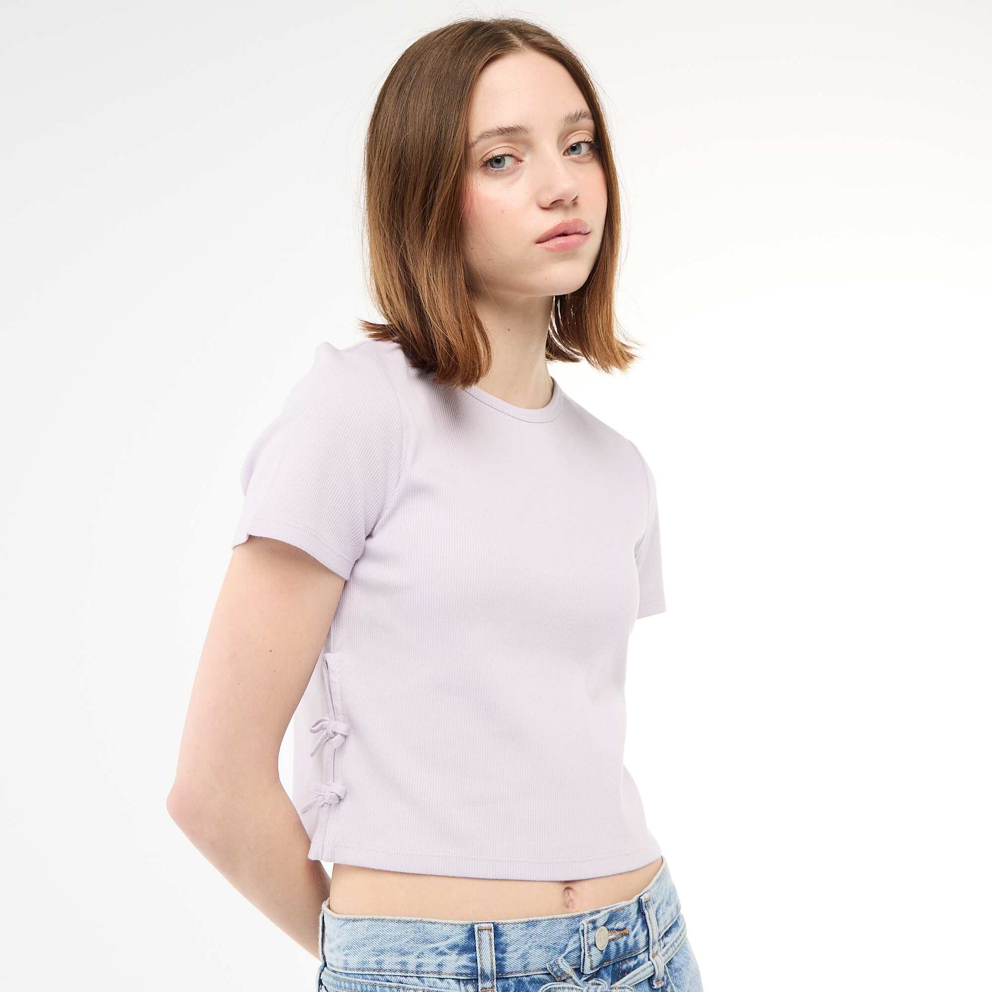 Ribbed Cropped T-shirt with Knots PURPLE