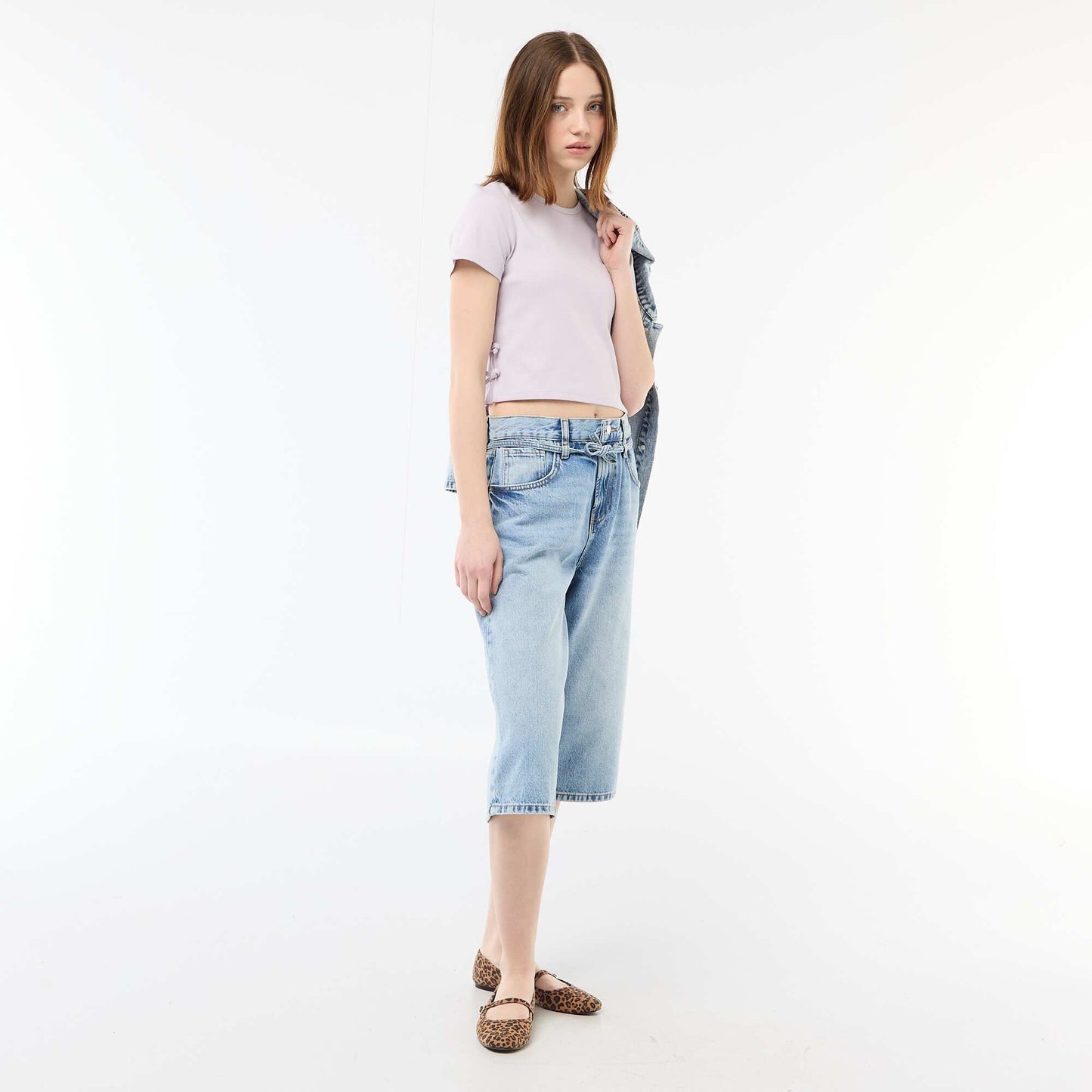 Ribbed Cropped T-shirt with Knots PURPLE