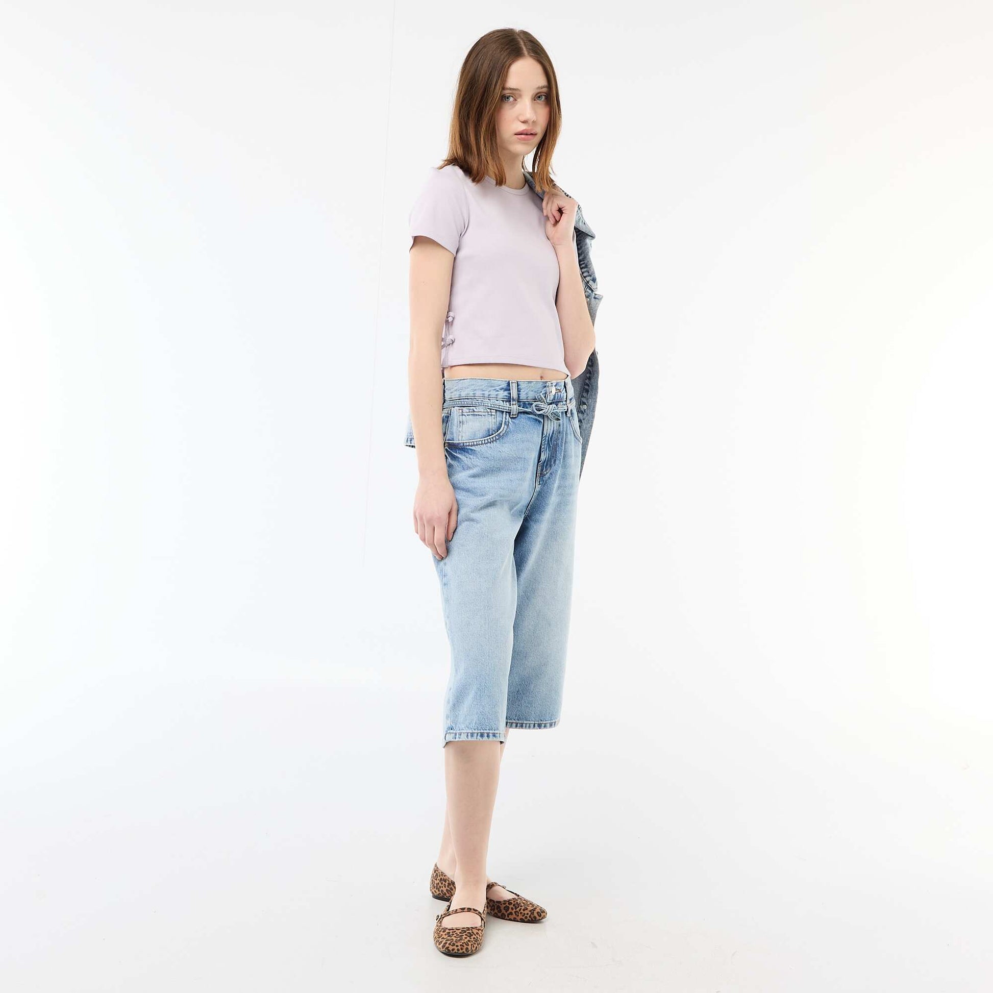 Ribbed Cropped T-shirt with Knots PURPLE