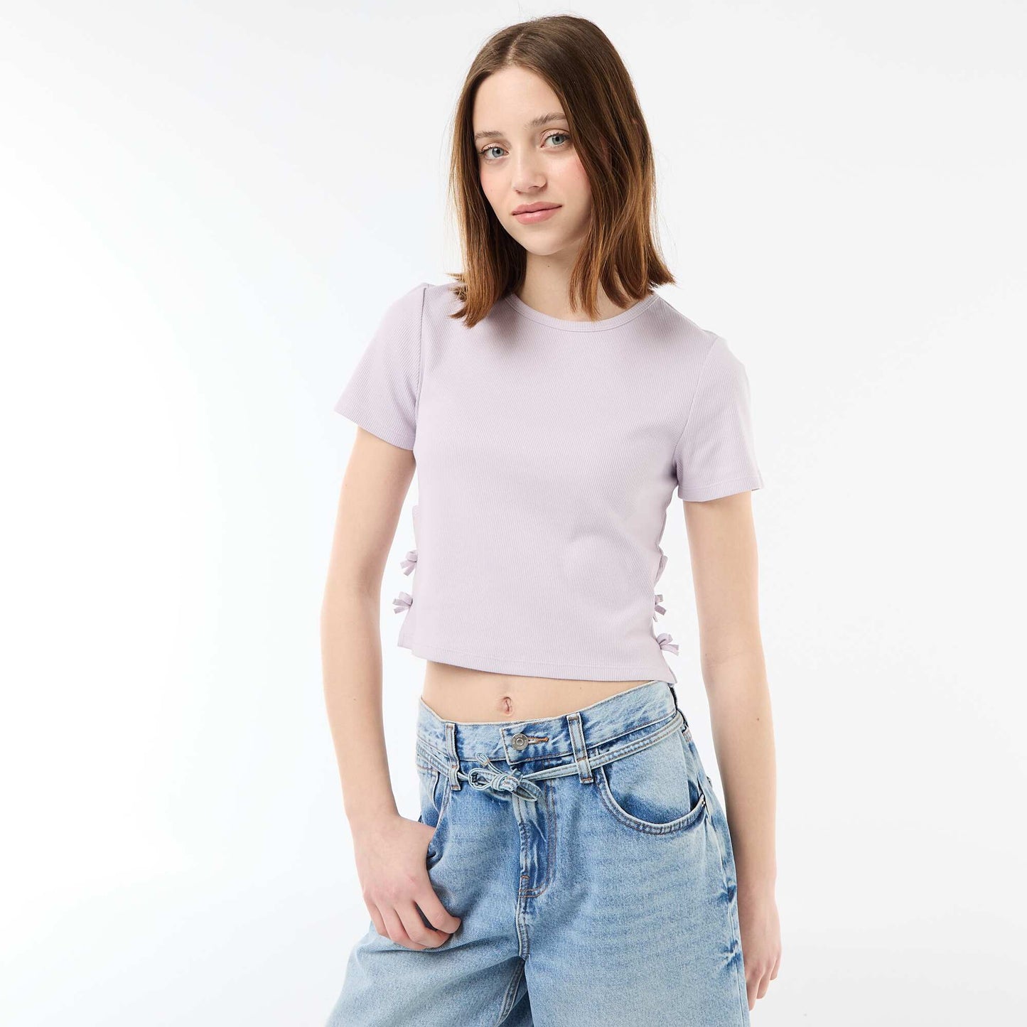 Ribbed Cropped T-shirt with Knots PURPLE