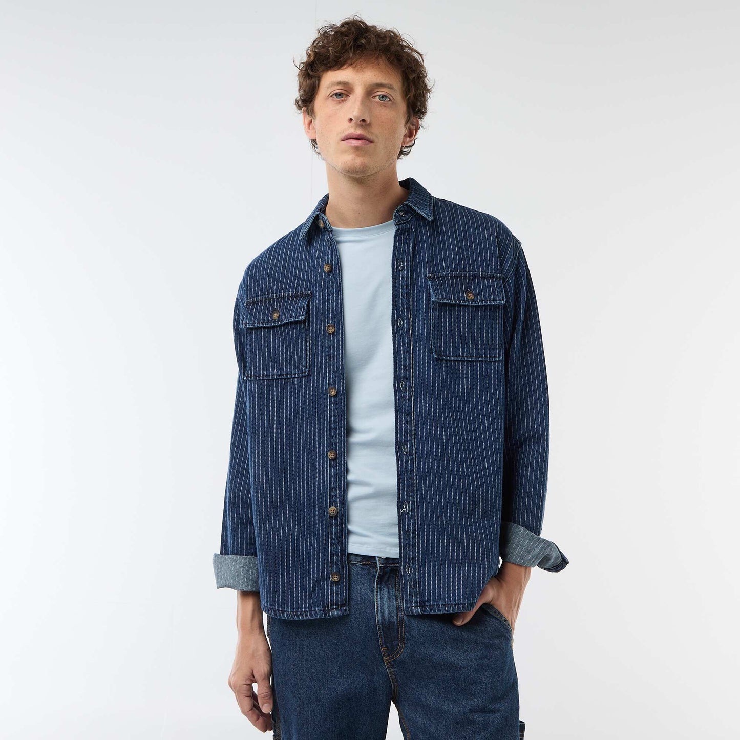 Striped Denim Shirt with Chest Patch Pockets BLUE