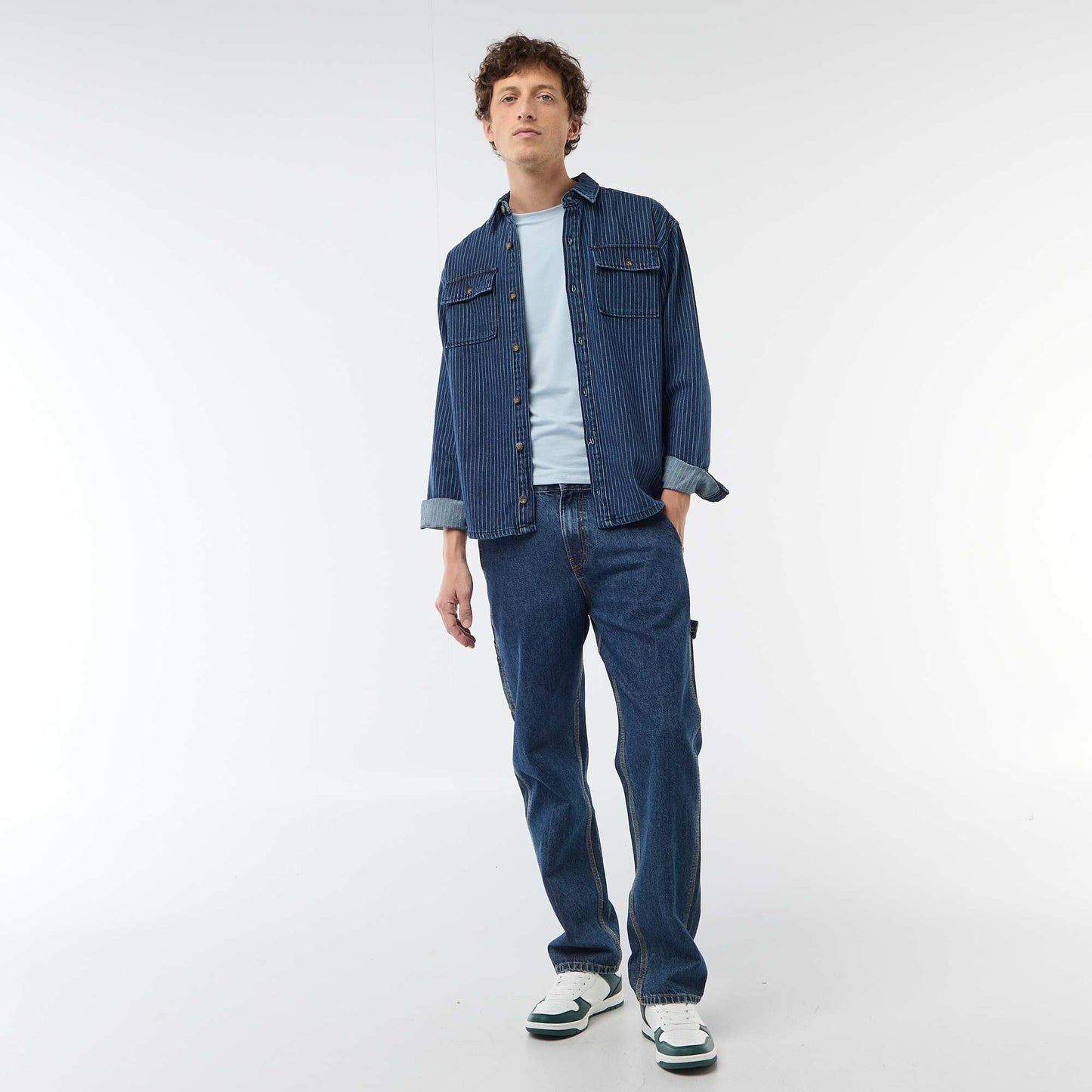 Striped Denim Shirt with Chest Patch Pockets BLUE