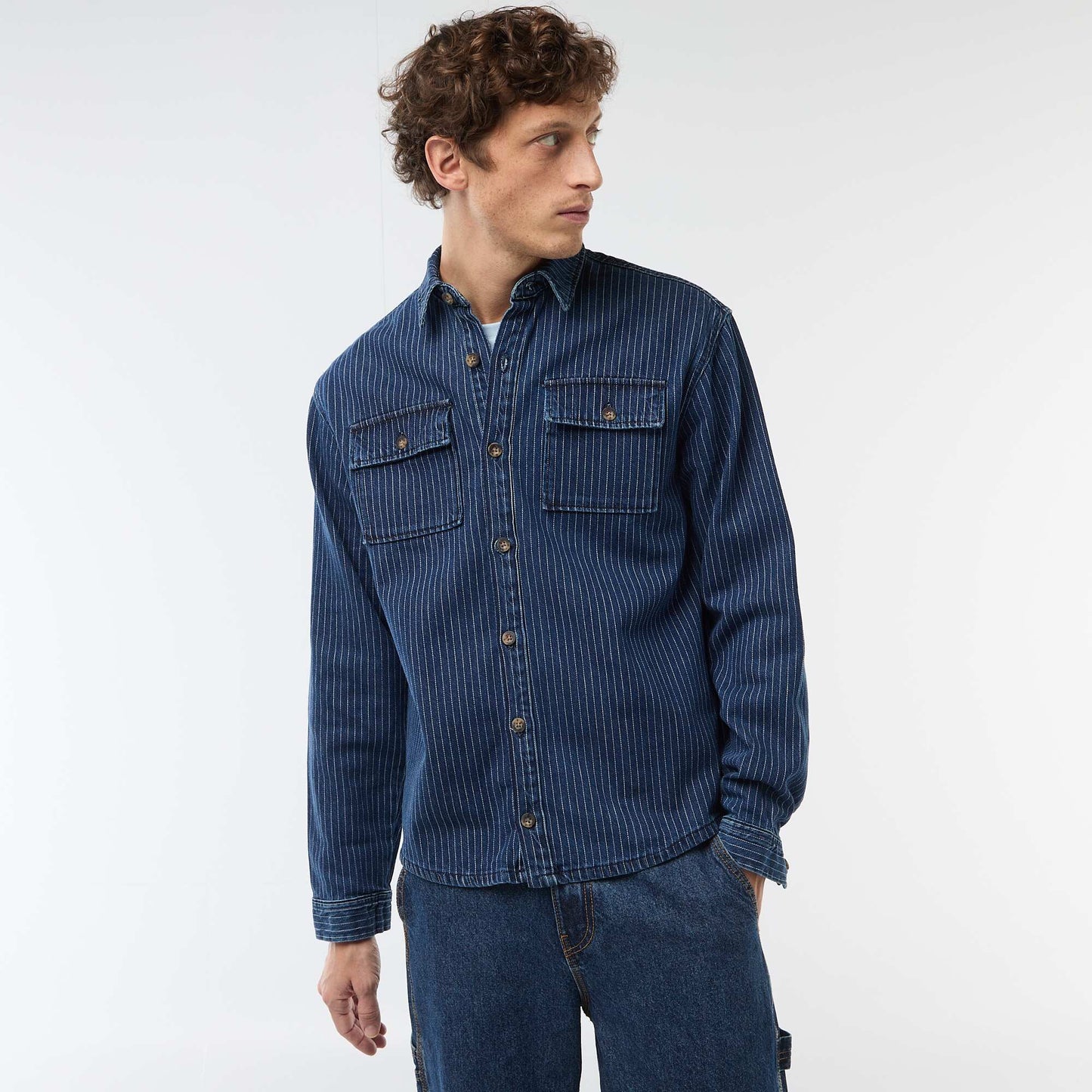 Striped Denim Shirt with Chest Patch Pockets BLUE