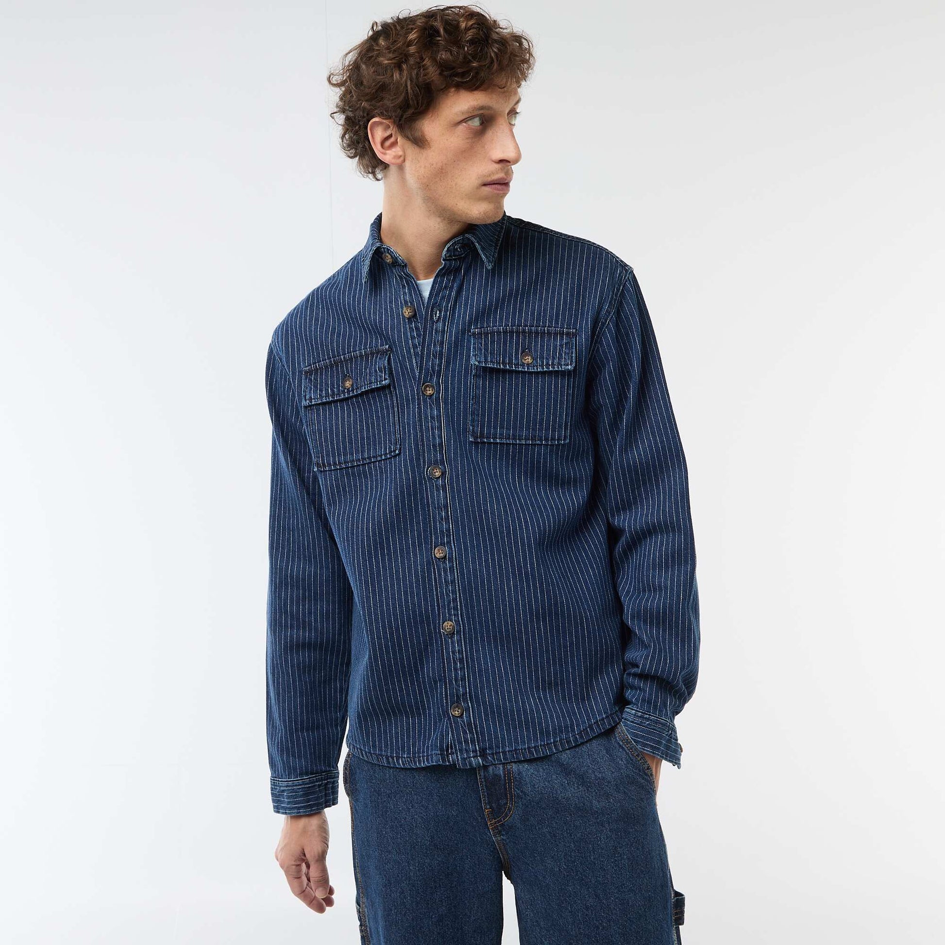 Striped Denim Shirt with Chest Patch Pockets BLUE