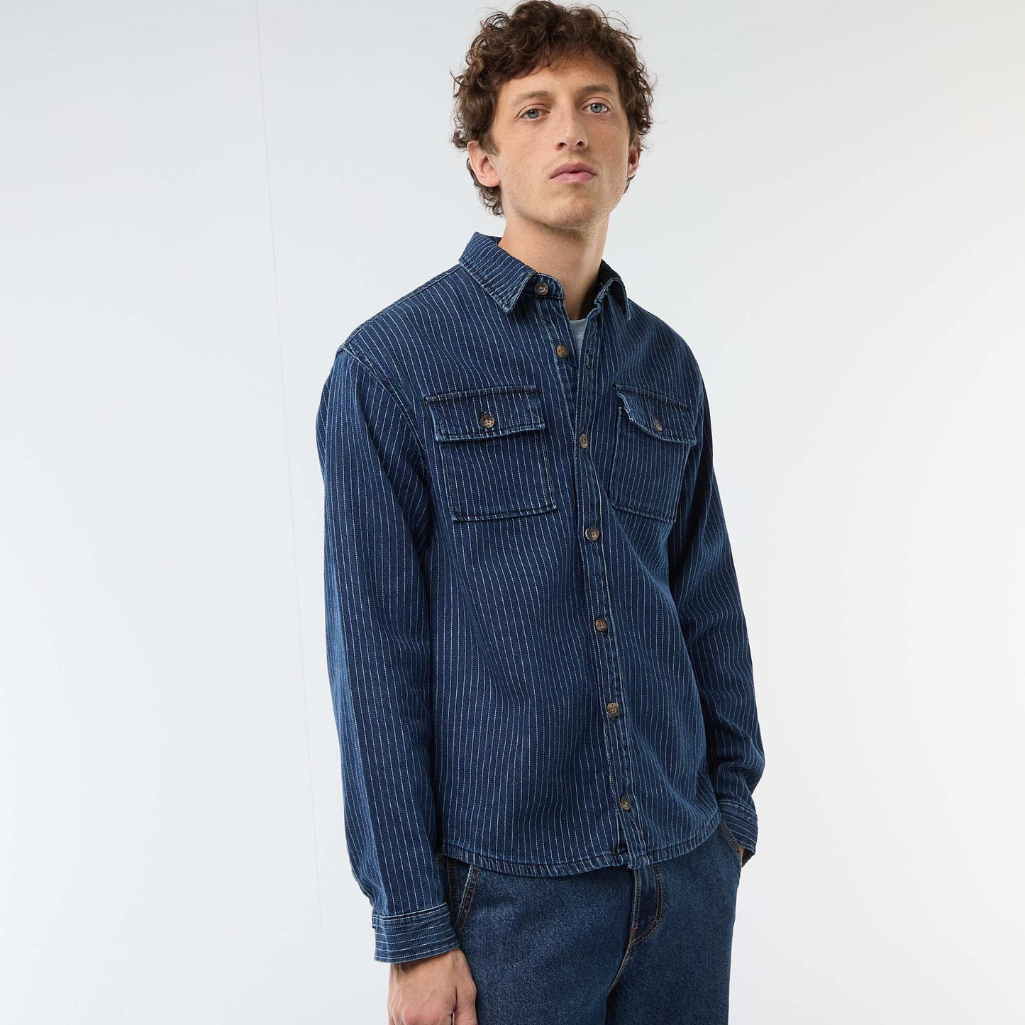 Striped Denim Shirt with Chest Patch Pockets BLUE