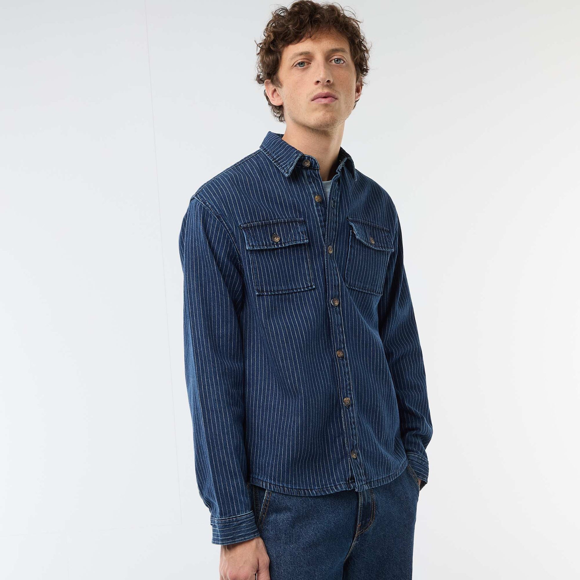 Striped Denim Shirt with Chest Patch Pockets BLUE