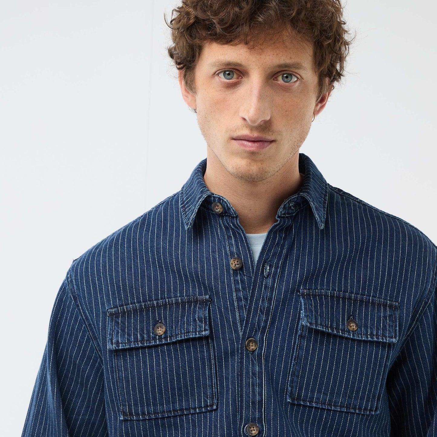 Striped Denim Shirt with Chest Patch Pockets BLUE
