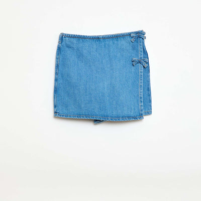 Denim Mini Skort with Tie Details BLUE
