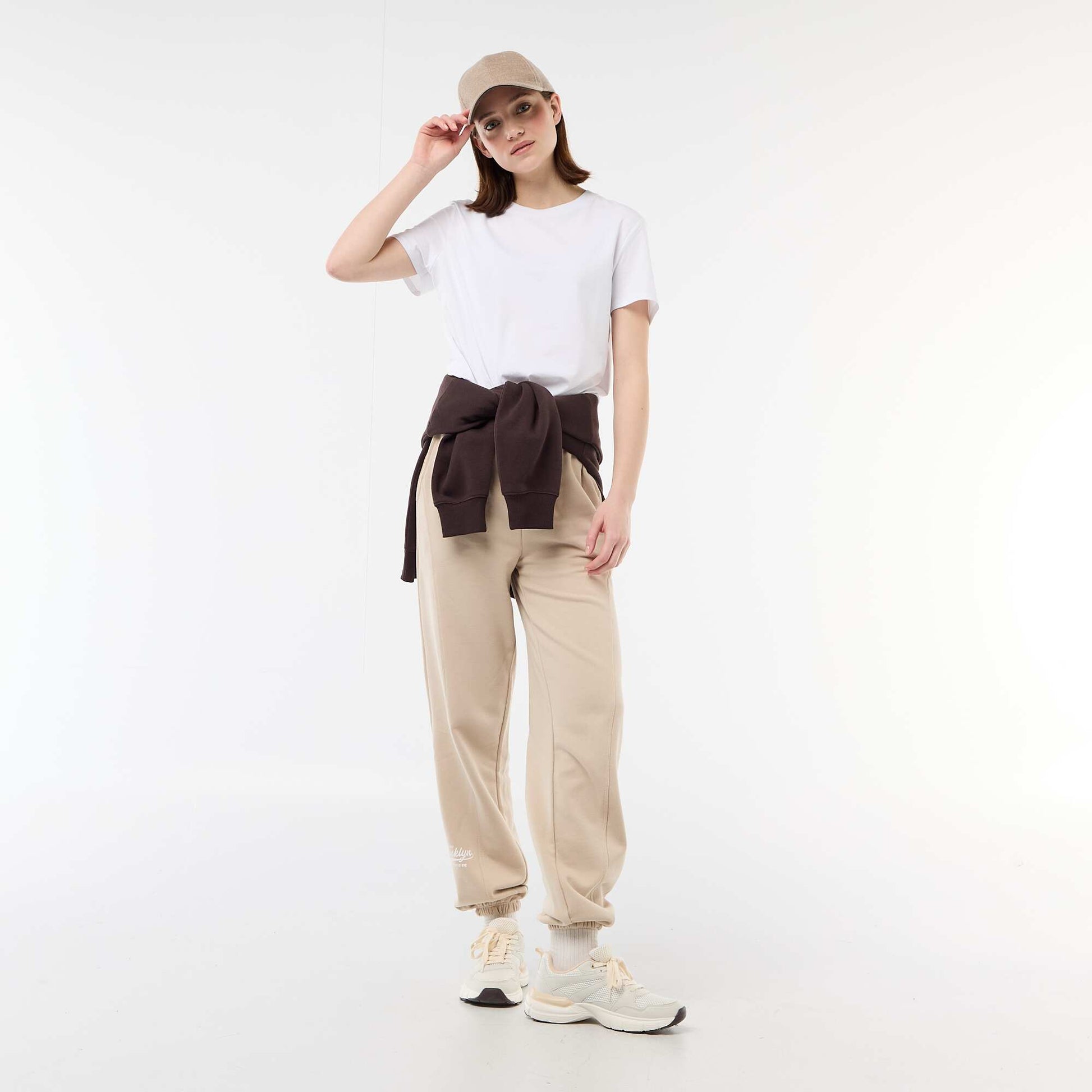 Solid Cotton Barrel Leg Joggers BEIGE