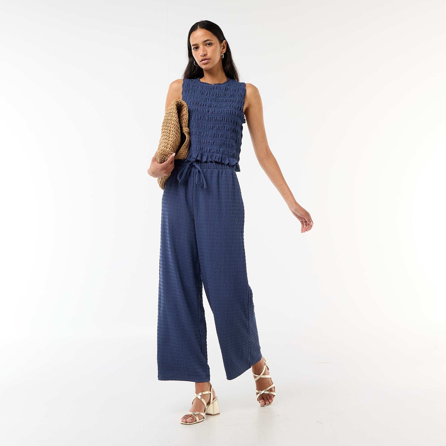 Smocked Knit Wide-Leg Trousers BLUE