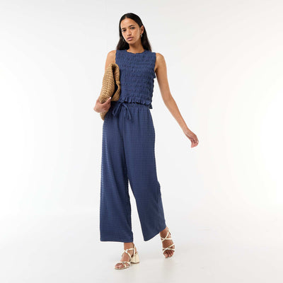 Smocked Knit Wide-Leg Trousers BLUE