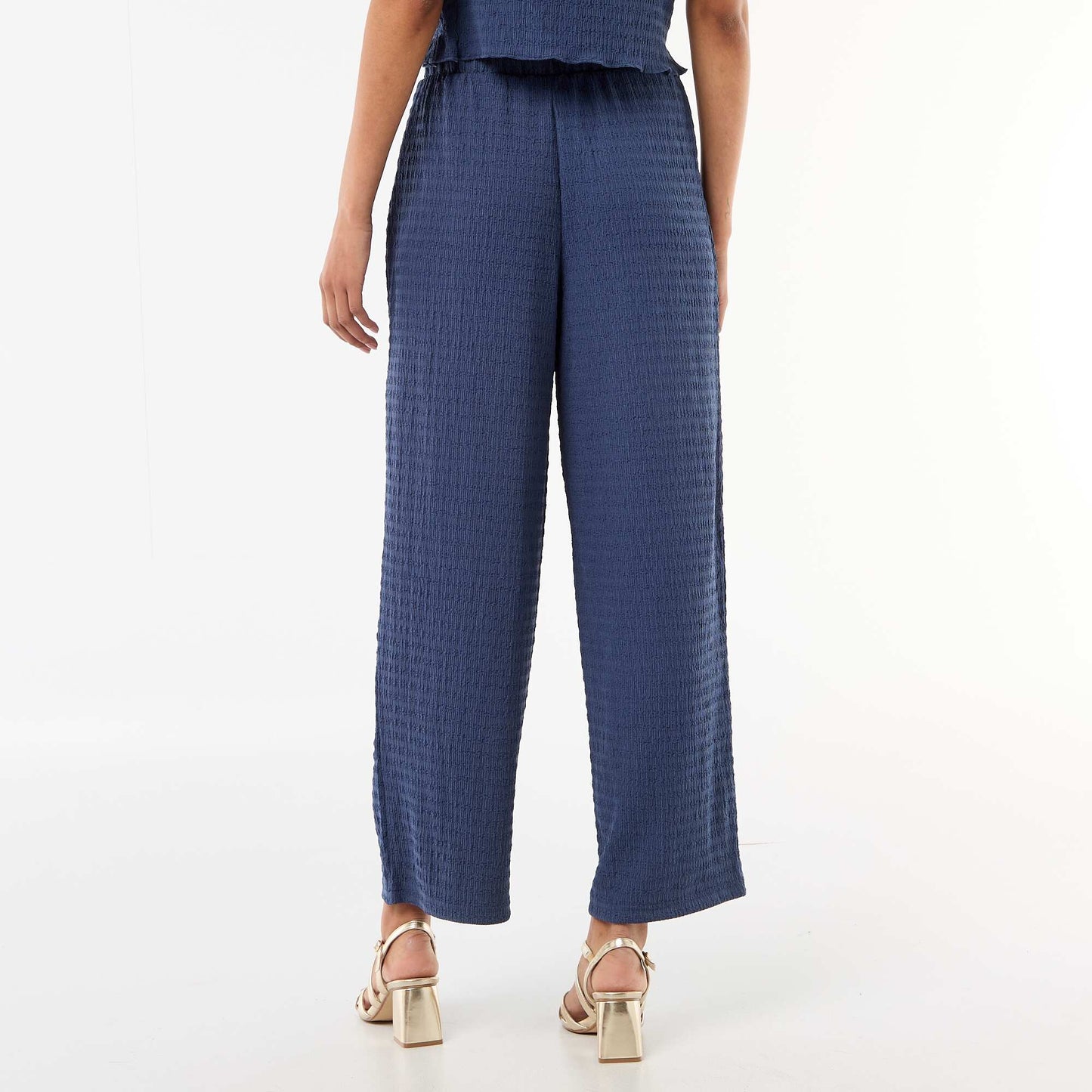 Smocked Knit Wide-Leg Trousers BLUE