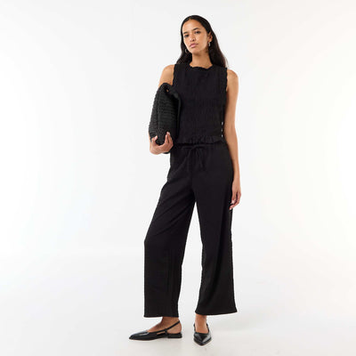 Smocked Knit Wide-Leg Trousers BLACK