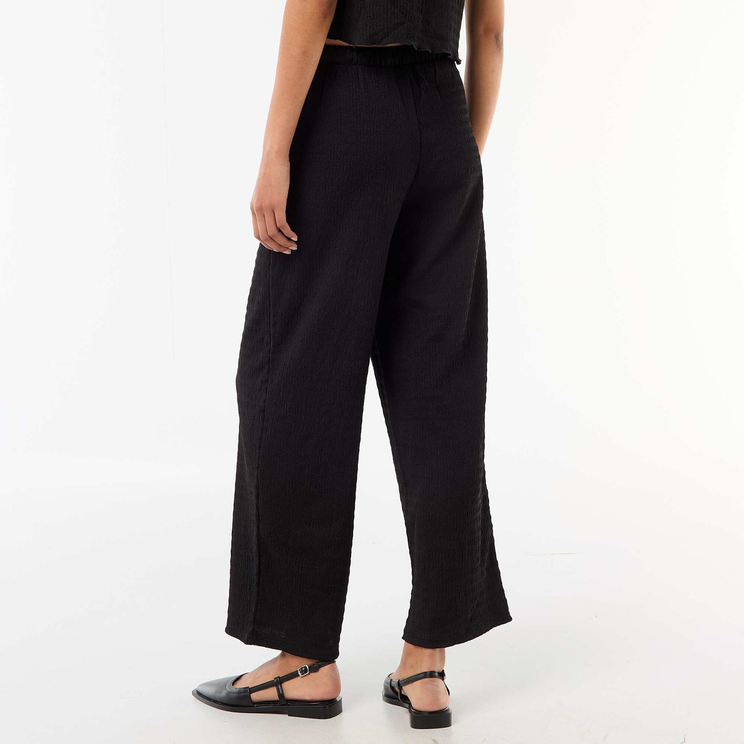 Smocked Knit Wide-Leg Trousers BLACK