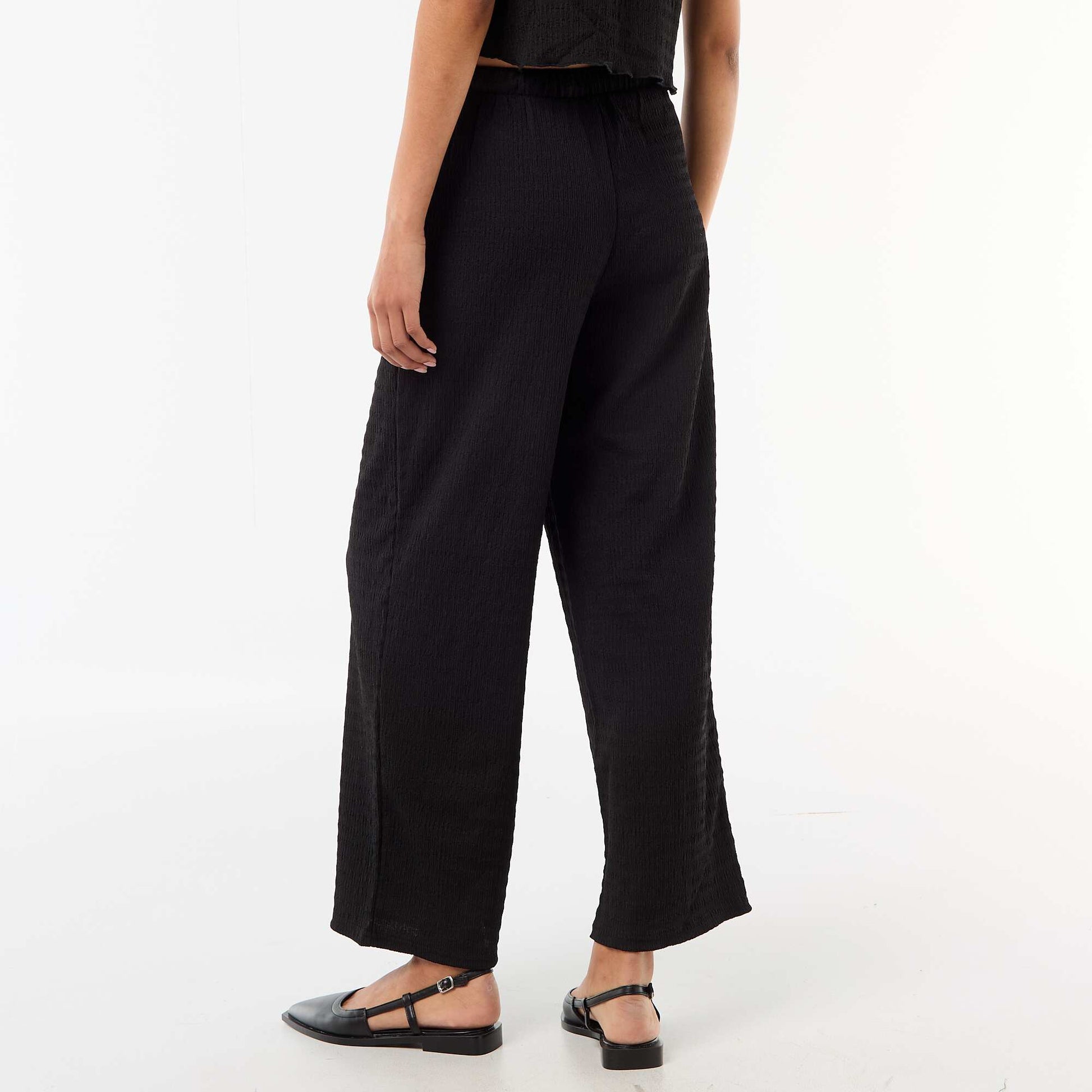 Smocked Knit Wide-Leg Trousers BLACK