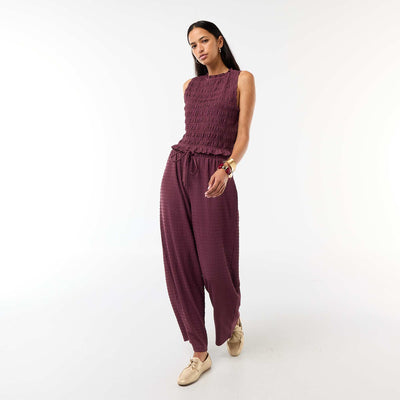 Smocked Knit Wide-Leg Trousers PURPLE