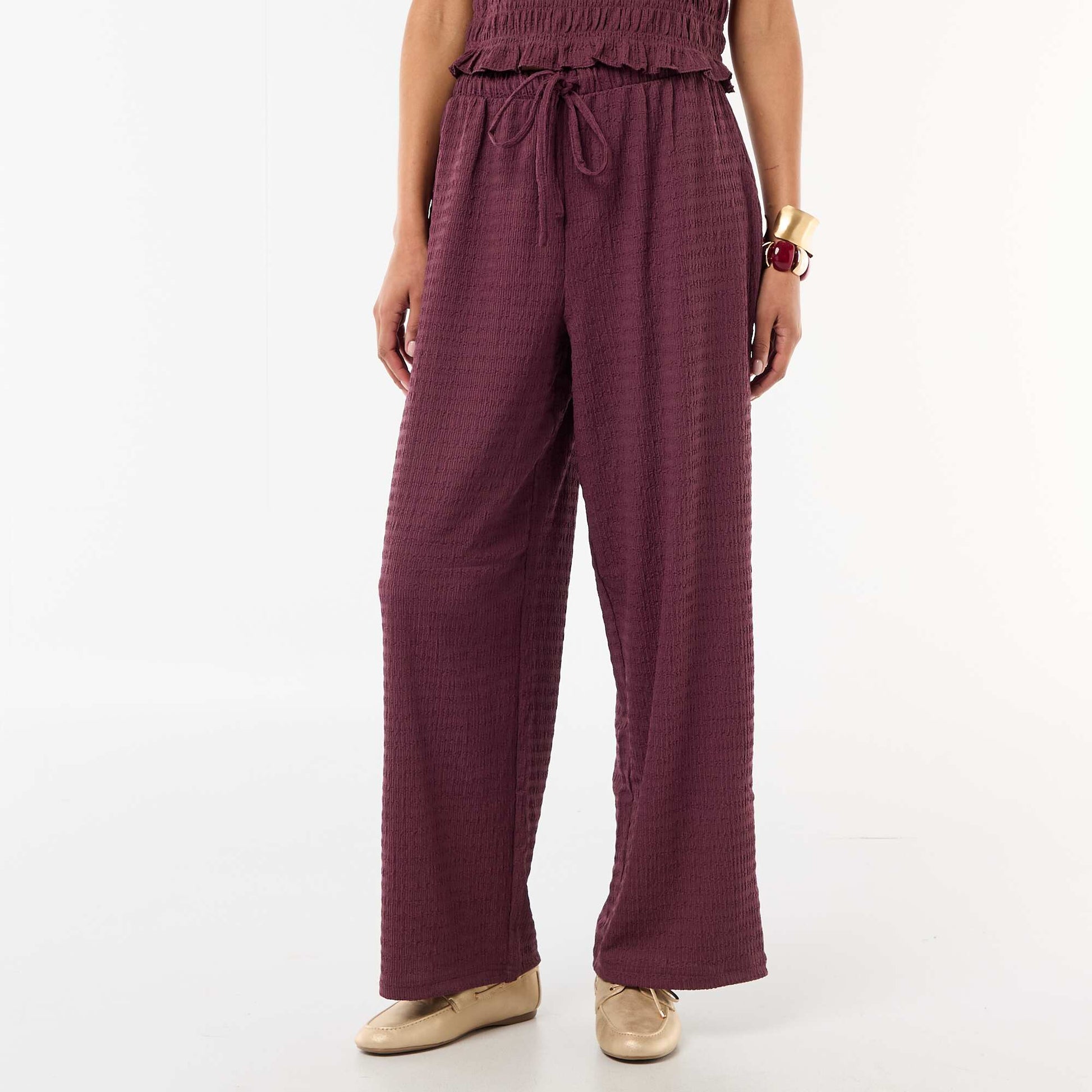 Smocked Knit Wide-Leg Trousers PURPLE
