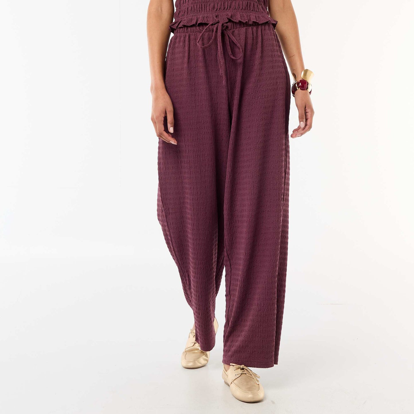 Smocked Knit Wide-Leg Trousers PURPLE