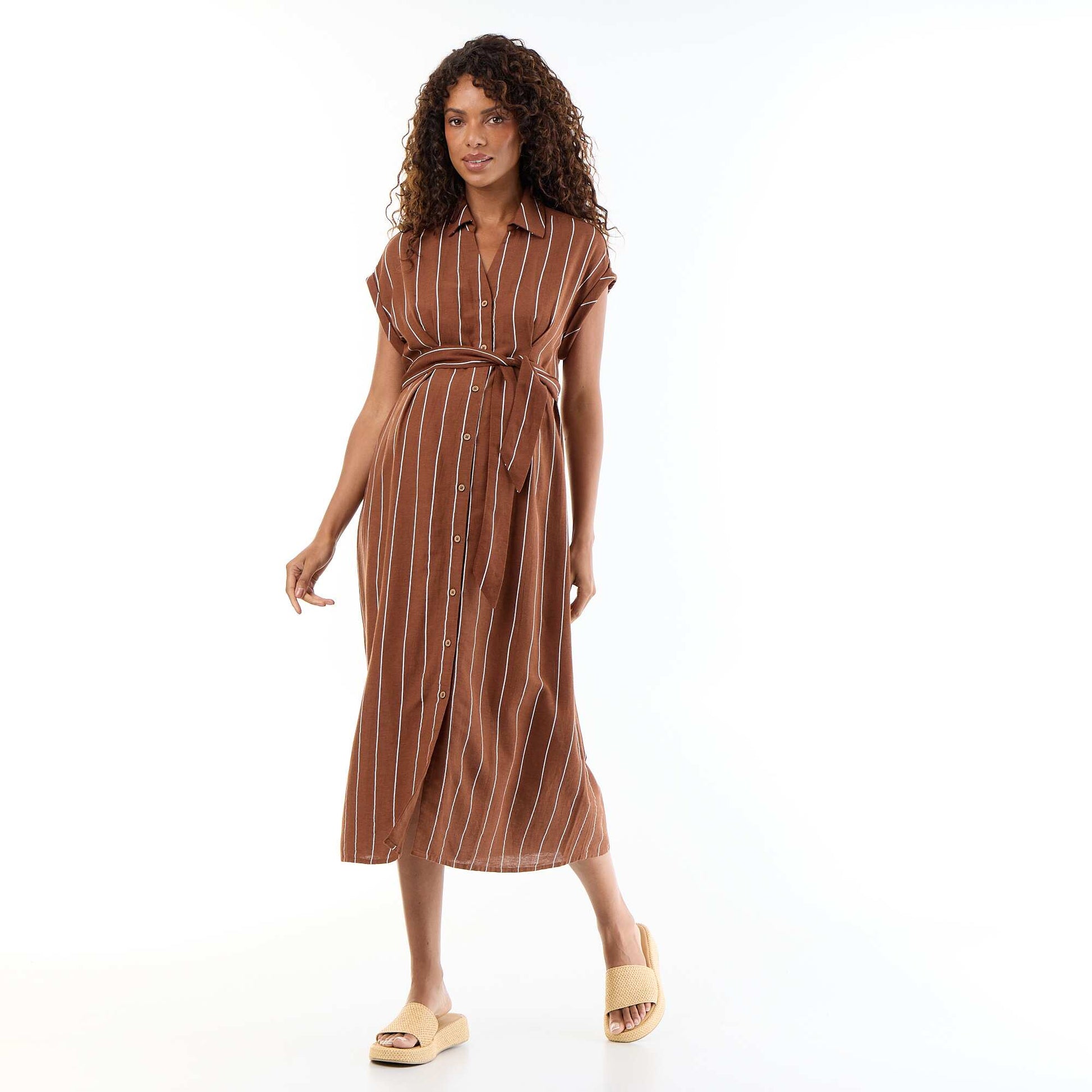 Long short-sleeved shirt dress BROWN