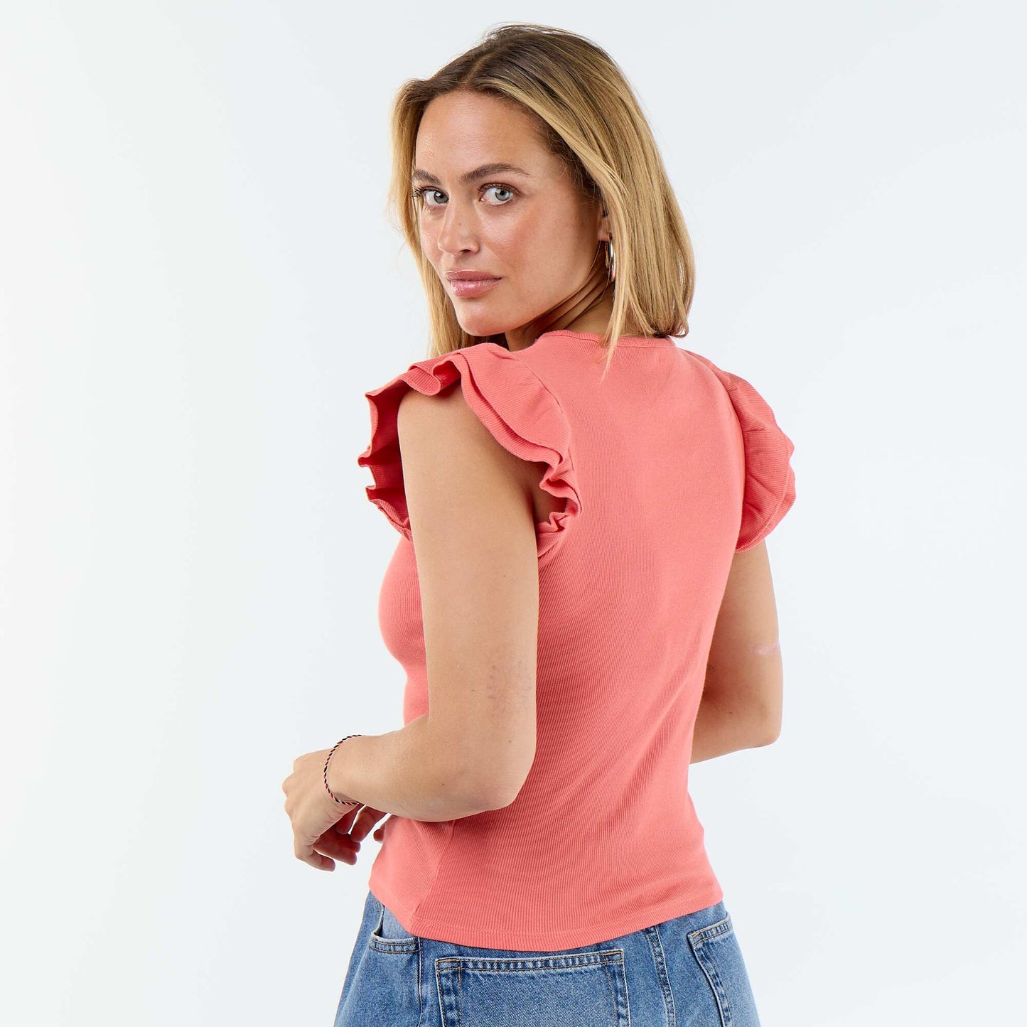 Ribbed Ruffle-Sleeve T-shirt ORANGE