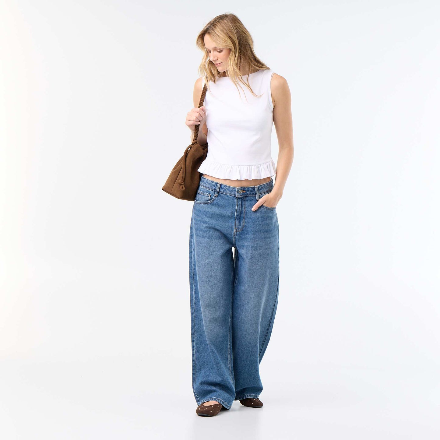 Tank Top with Boat Neck and Ruffled Hem WHITE