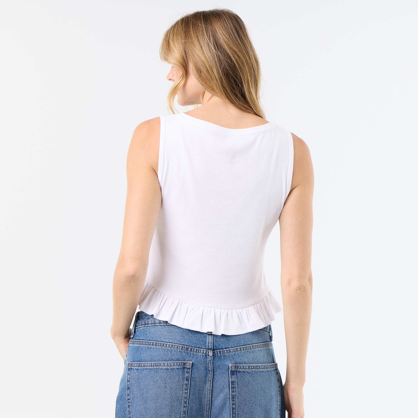 Tank Top with Boat Neck and Ruffled Hem WHITE