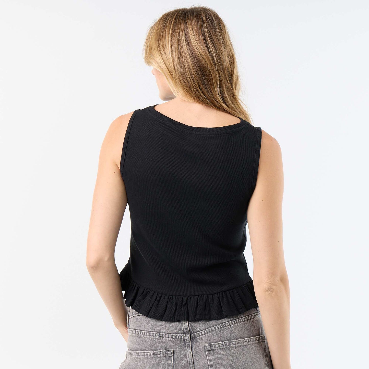 Tank Top with Boat Neck and Ruffled Hem BLACK