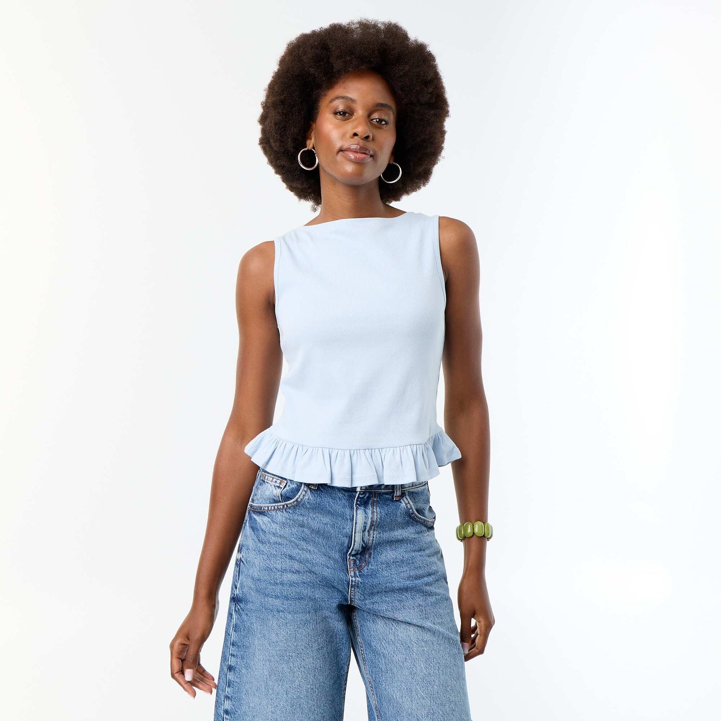 Tank Top with Boat Neck and Ruffled Hem BLUE