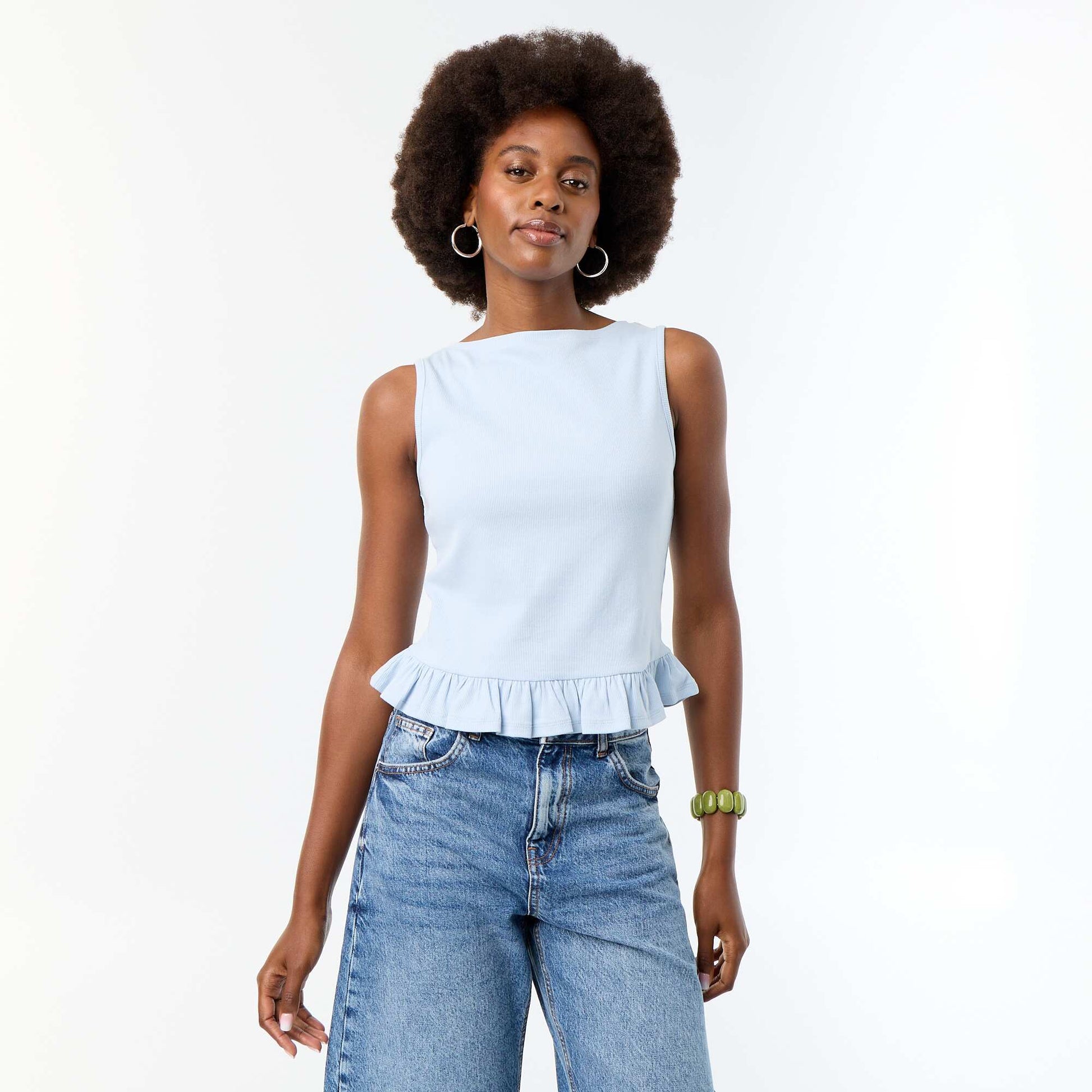 Tank Top with Boat Neck and Ruffled Hem BLUE