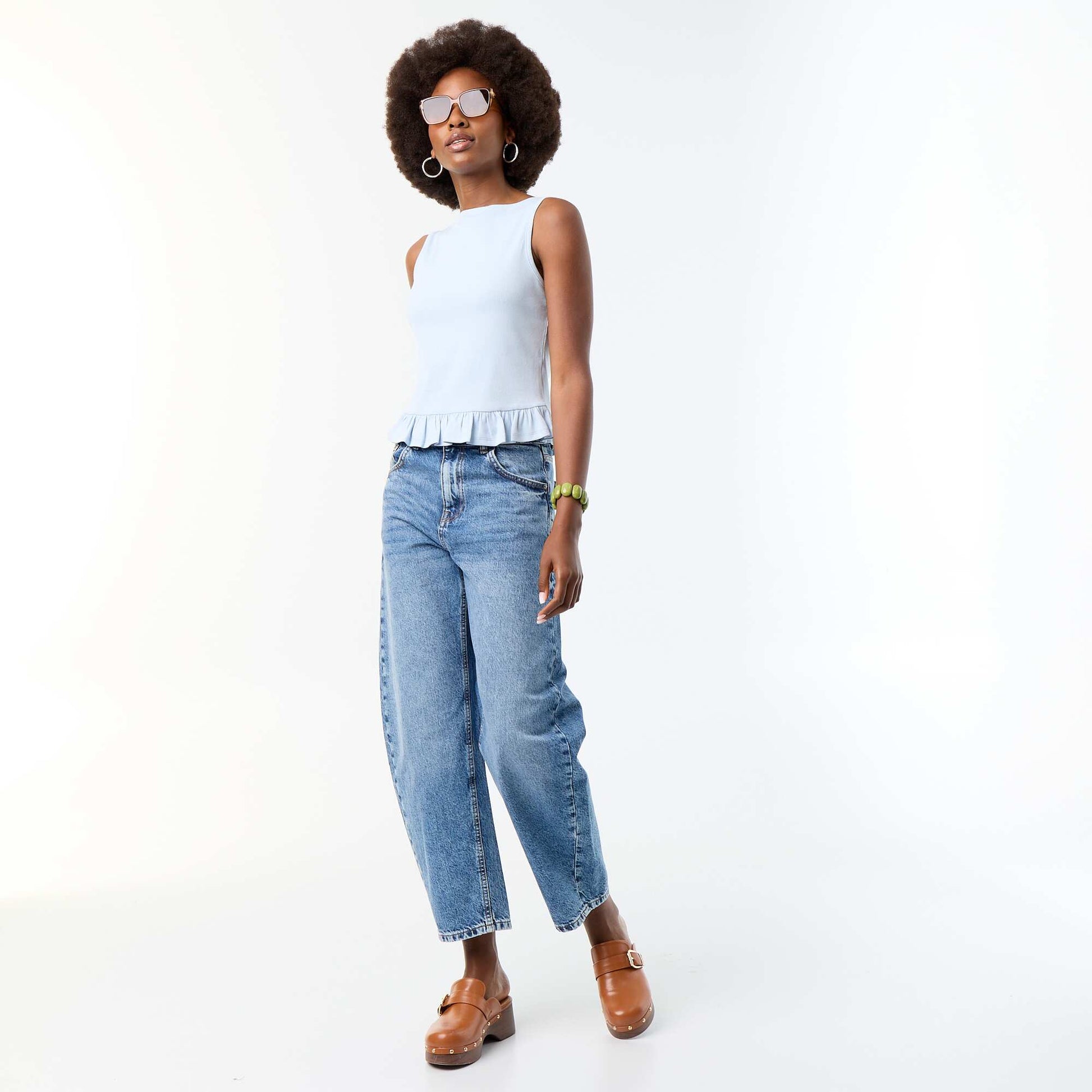 Tank Top with Boat Neck and Ruffled Hem BLUE