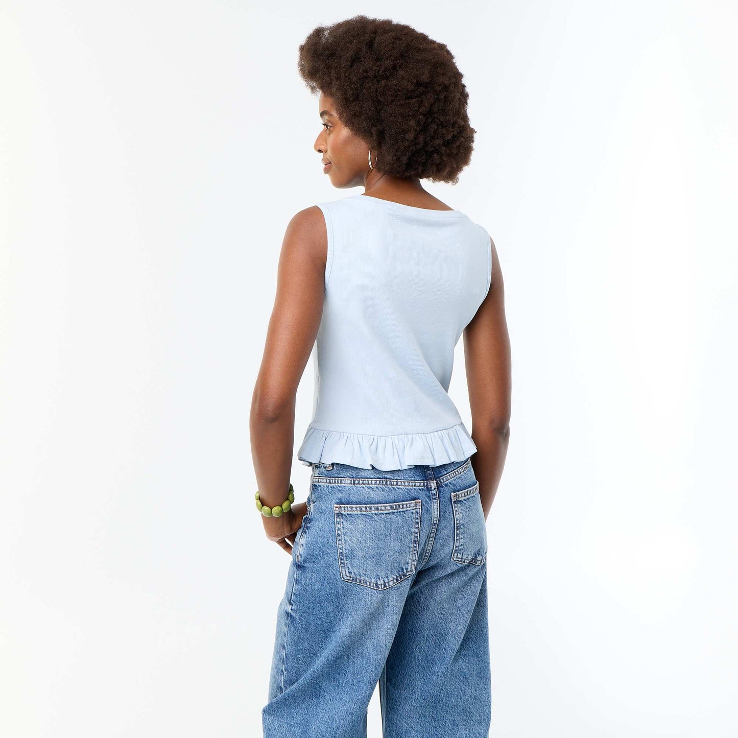 Tank Top with Boat Neck and Ruffled Hem BLUE
