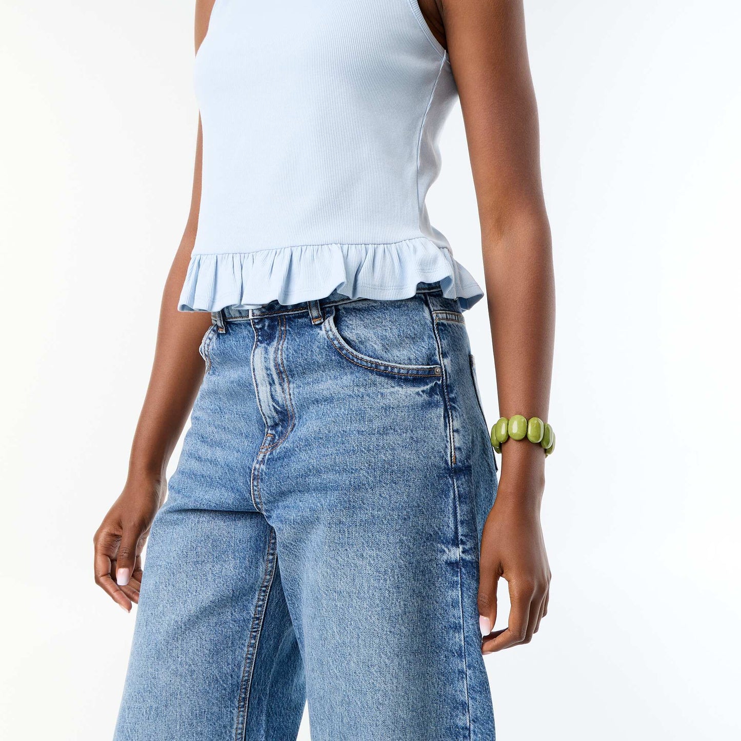Tank Top with Boat Neck and Ruffled Hem BLUE