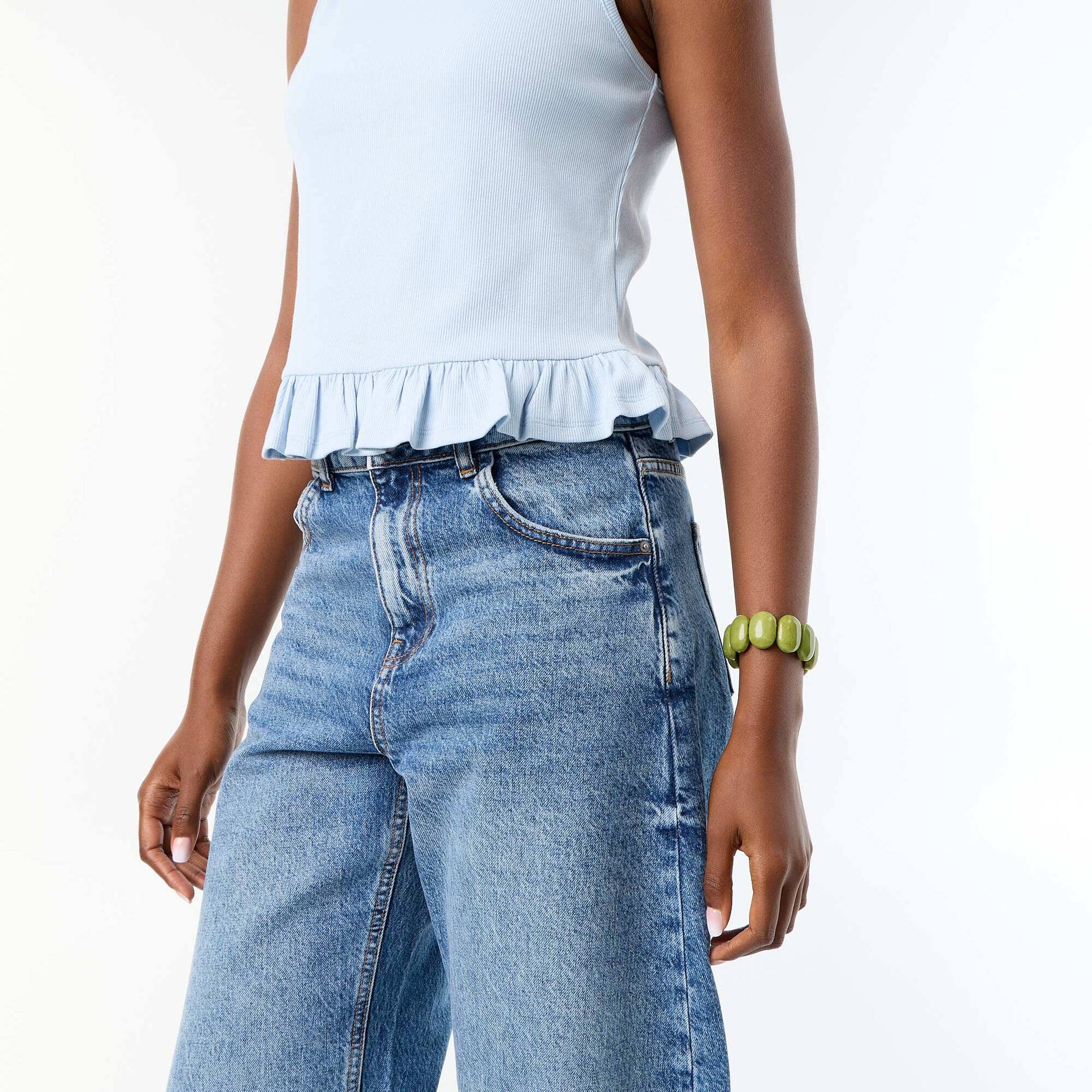 Tank Top with Boat Neck and Ruffled Hem BLUE