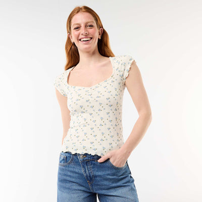Ribbed short-sleeved T-shirt with ruffled sleeves WHITE