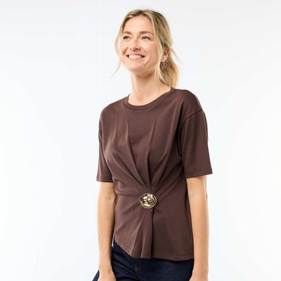 Draped Short-Sleeve T-Shirt with Costume Jewelry BROWN