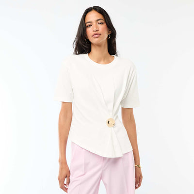 Draped Short-Sleeve T-Shirt with Costume Jewelry WHITE
