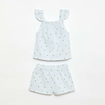 Ruffled Top & Shorts Short Pajama Set - 2 Piece BLUE