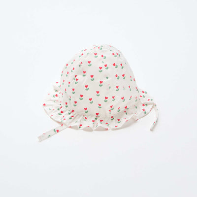 Printed Ruffled Bucket Hat with Ties WHITE
