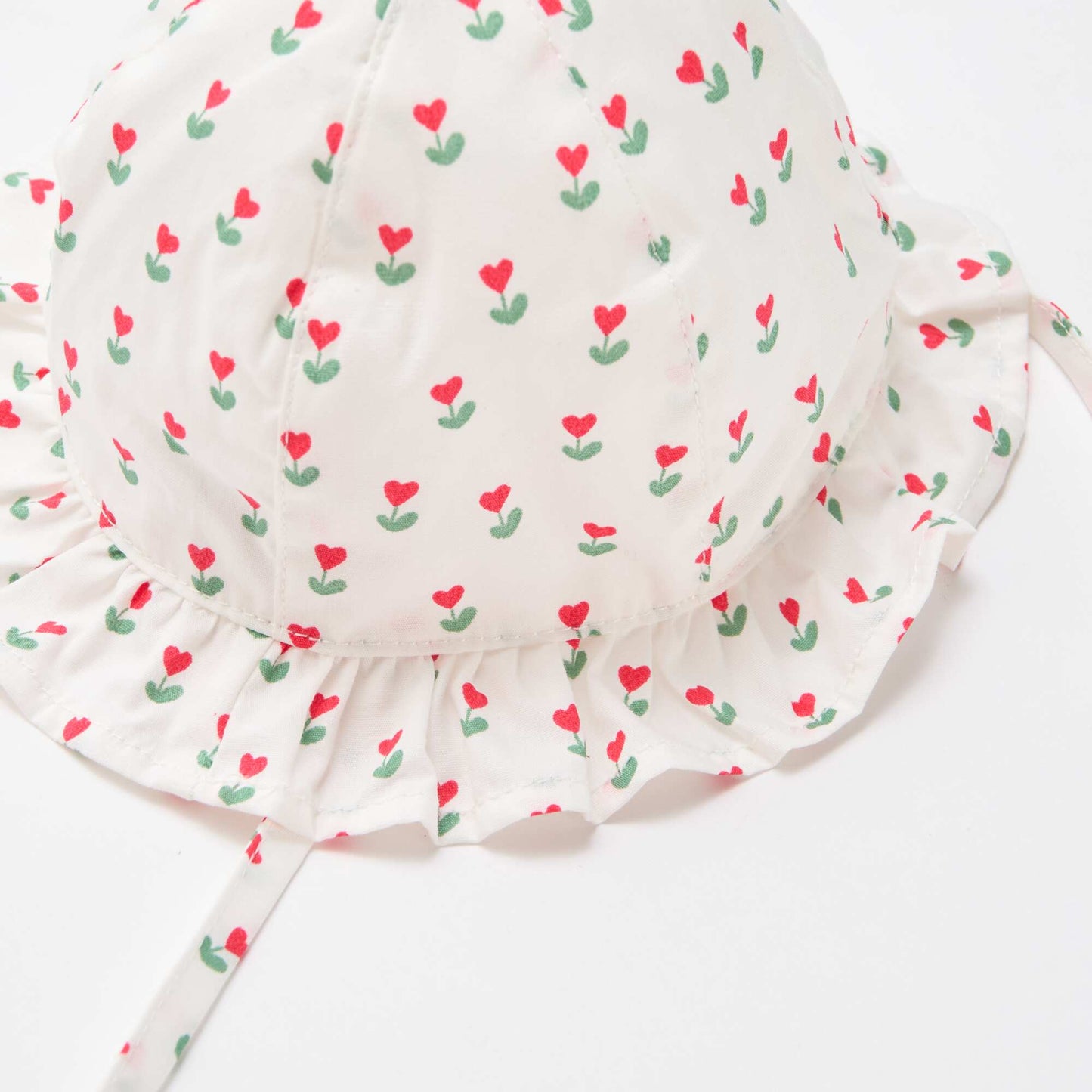 Printed Ruffled Bucket Hat with Ties WHITE