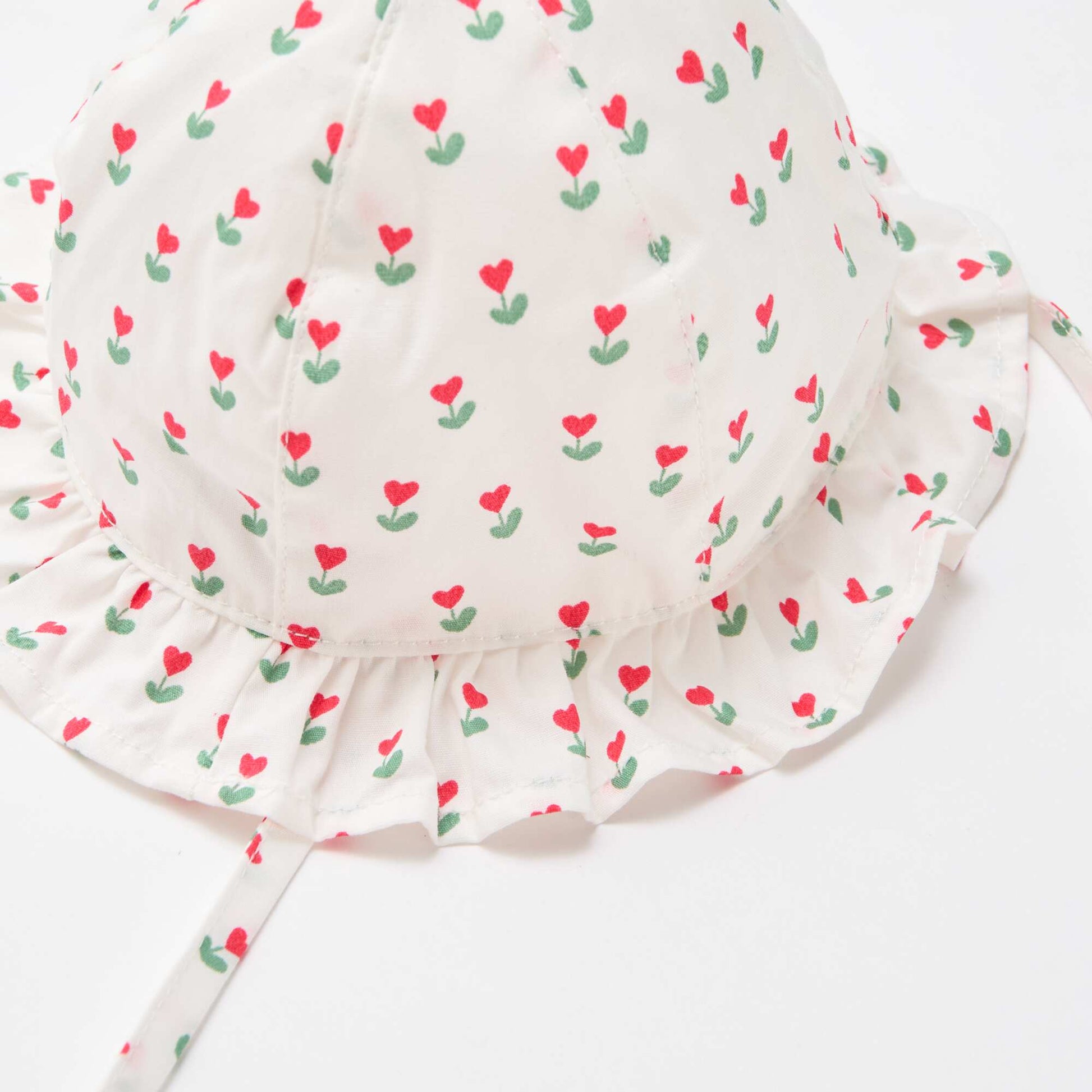 Printed Ruffled Bucket Hat with Ties WHITE