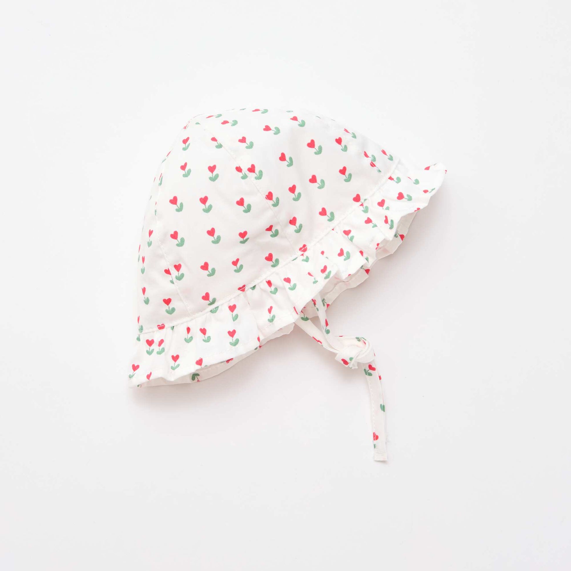 Printed Ruffled Bucket Hat with Ties WHITE