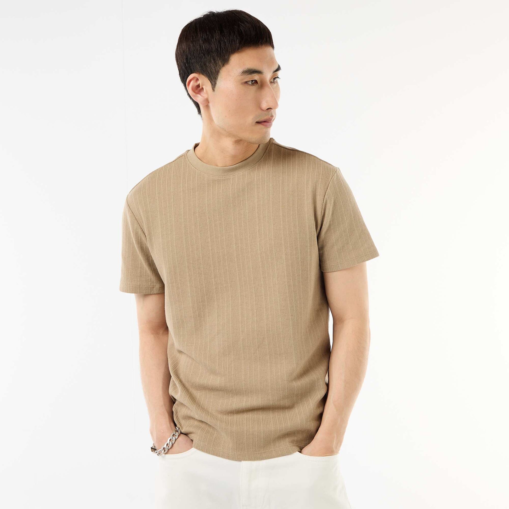 Textured Knit Short-Sleeve T-Shirt BEIGE