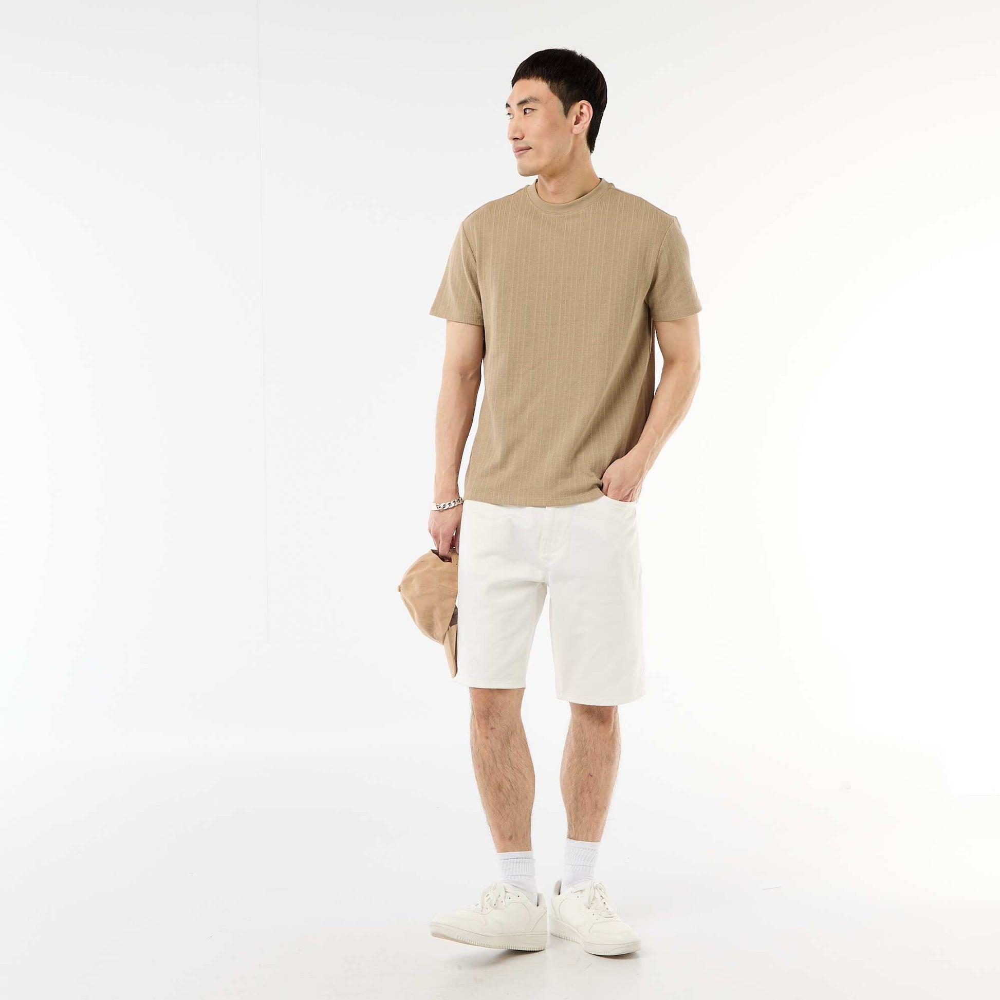 Textured Knit Short-Sleeve T-Shirt BEIGE