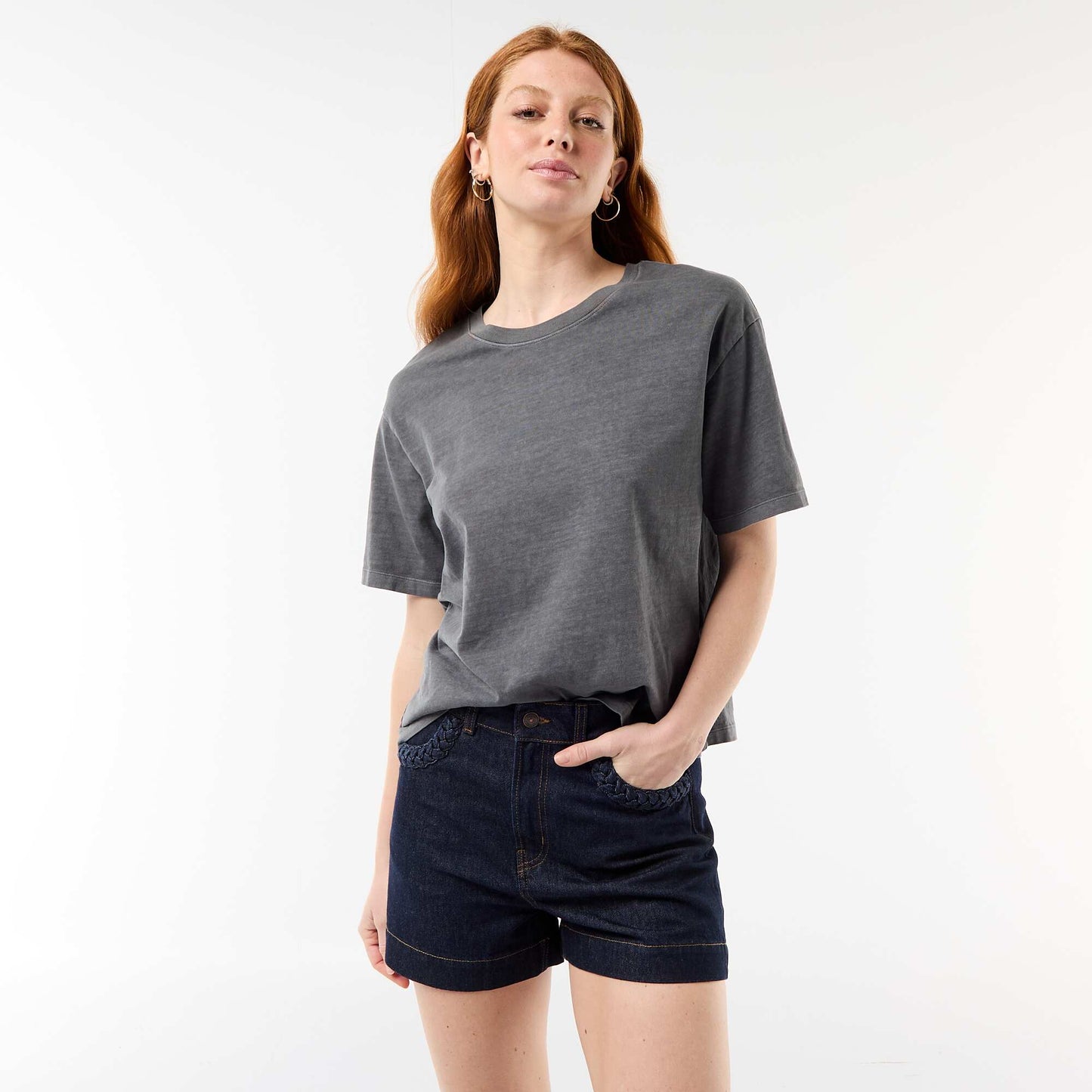 Denim shorts with braided pockets BLUE