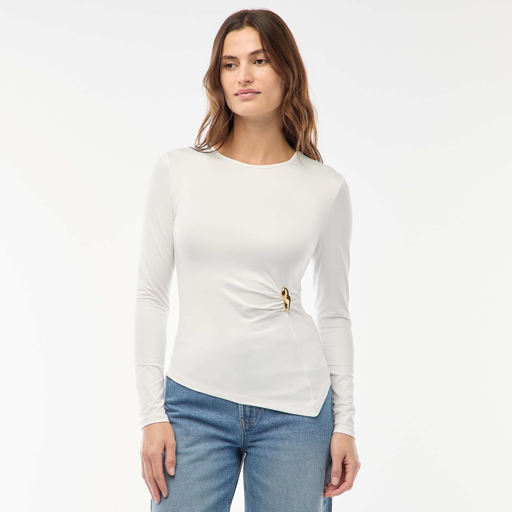 Long-Sleeve T-Shirt with Twisted-Effect Gold-Tone Detail WHITE