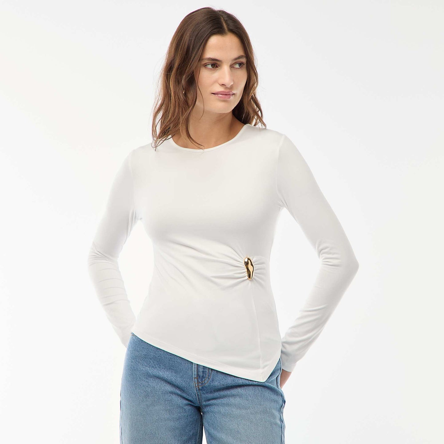 Long-Sleeve T-Shirt with Twisted-Effect Gold-Tone Detail WHITE