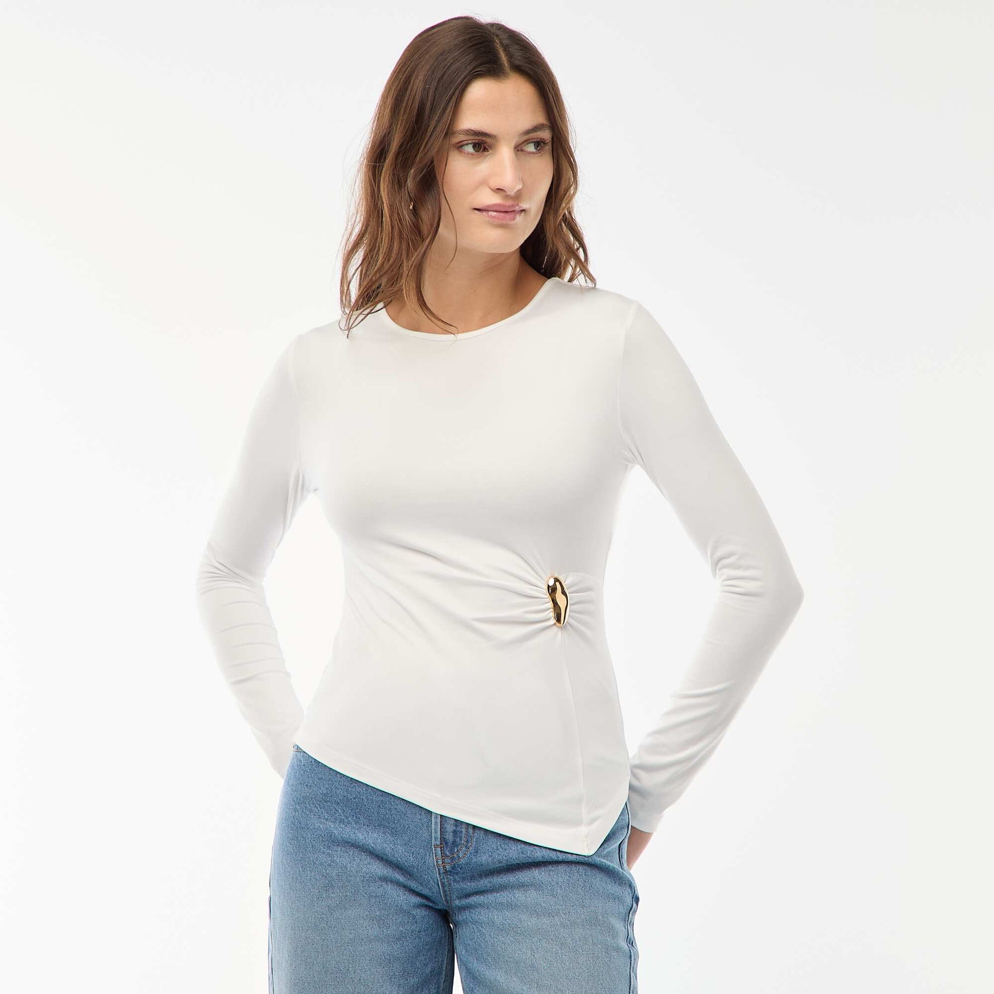 Long-Sleeve T-Shirt with Twisted-Effect Gold-Tone Detail WHITE
