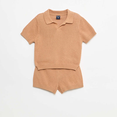 2-piece knit set - Polo t-shirt + shorts BROWN
